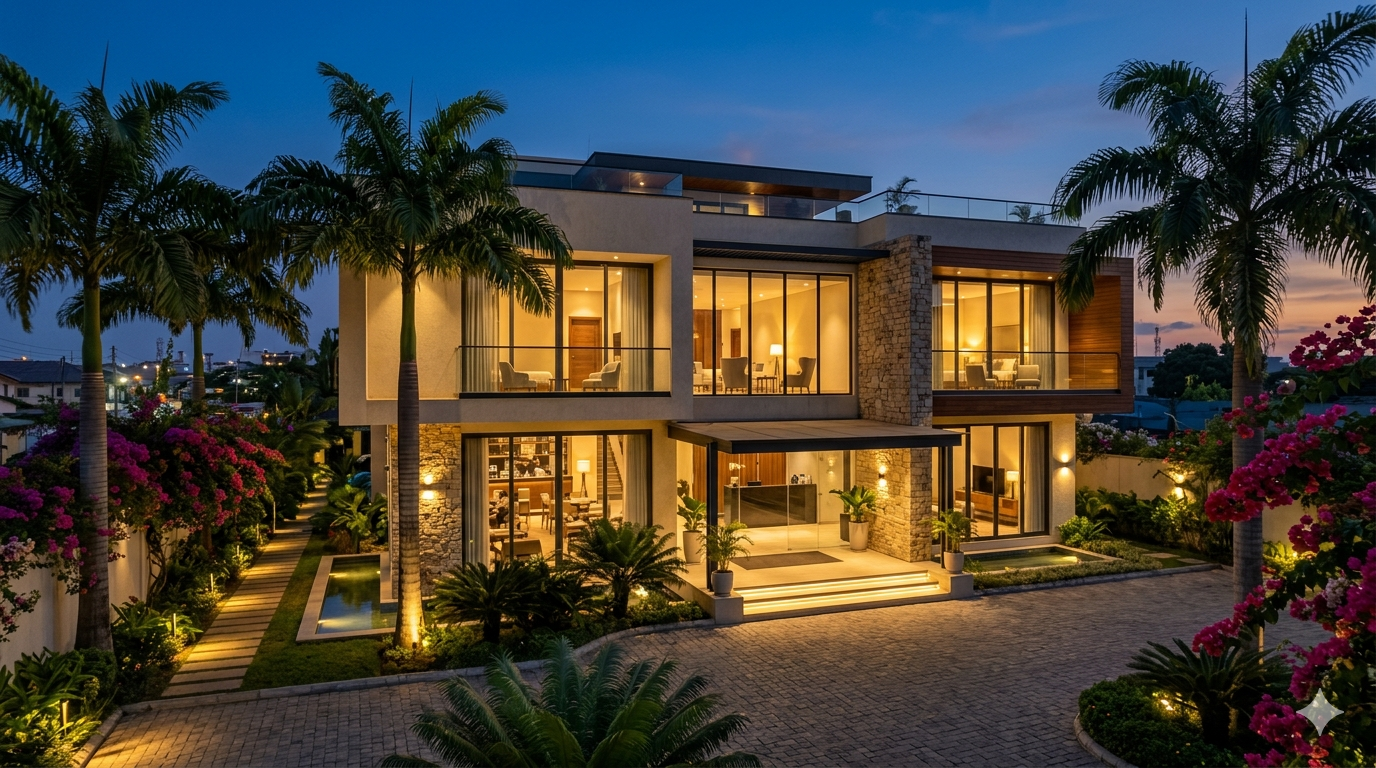 Adé House exterior at dusk, warm light from the windows