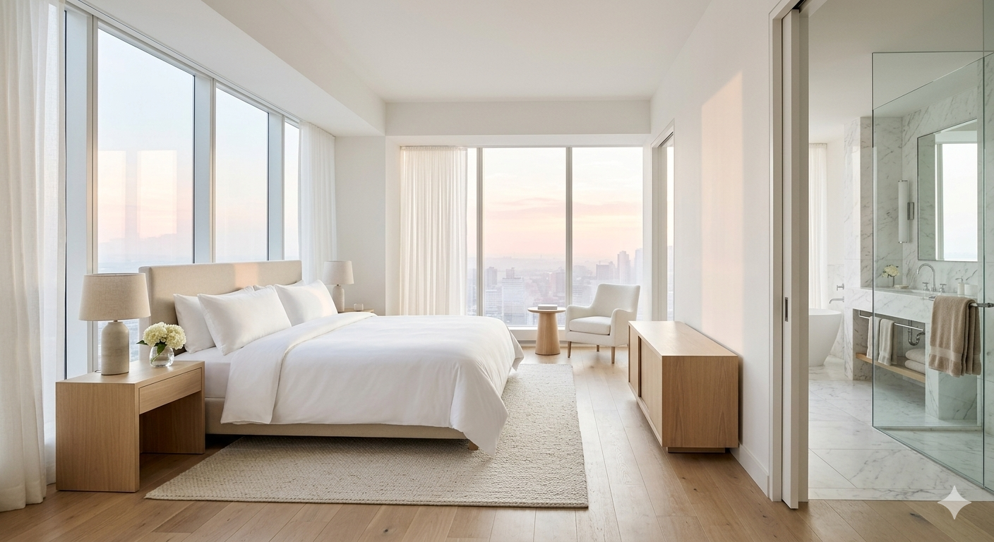 The Ìmọ̀ Suite  bright east-facing room with floor-to-ceiling windows